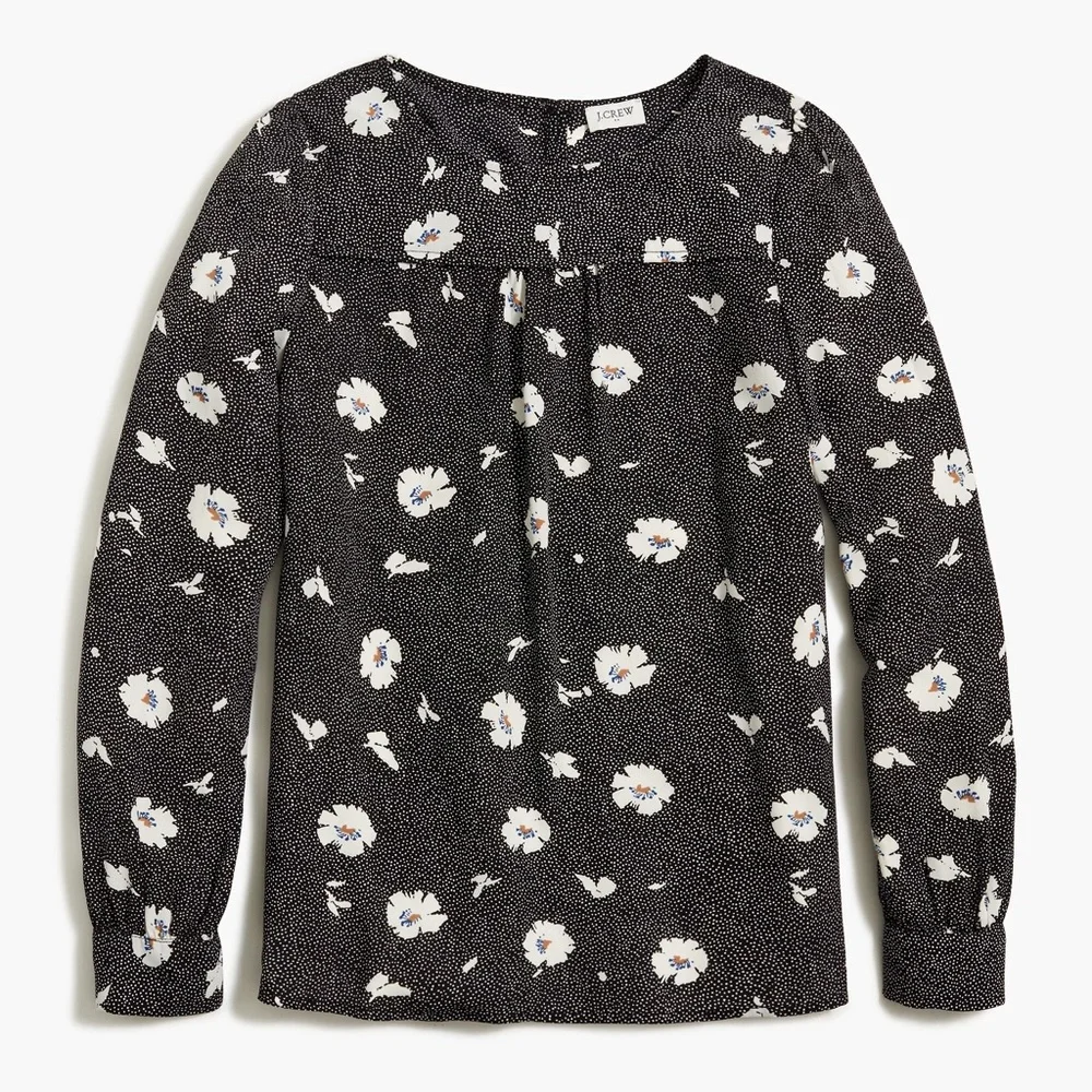 J.Crew Long Sleeve Floral Top Size XS Black‎ White Lightweight Style AG678